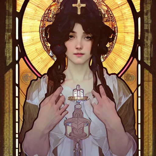 Image similar to a Portrait of A goddess in a church with a holy light emanating from her body by wlop and alphonse mucha,In style of digital art illustration.hyper detailed,smooth, sharp focus,trending on artstation,4k