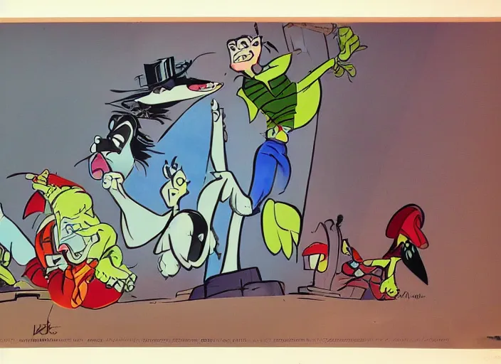 Prompt: original animation cel of discheveled rockstar by milt kahl