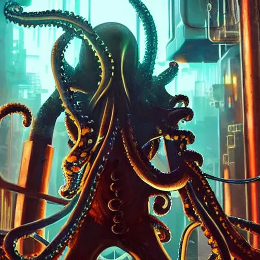 Prompt: a high quality portrait of octopus Davy Jones in a cyberpunk cyberpunk cyberpunk cafe, realism, 8k, award winning photo