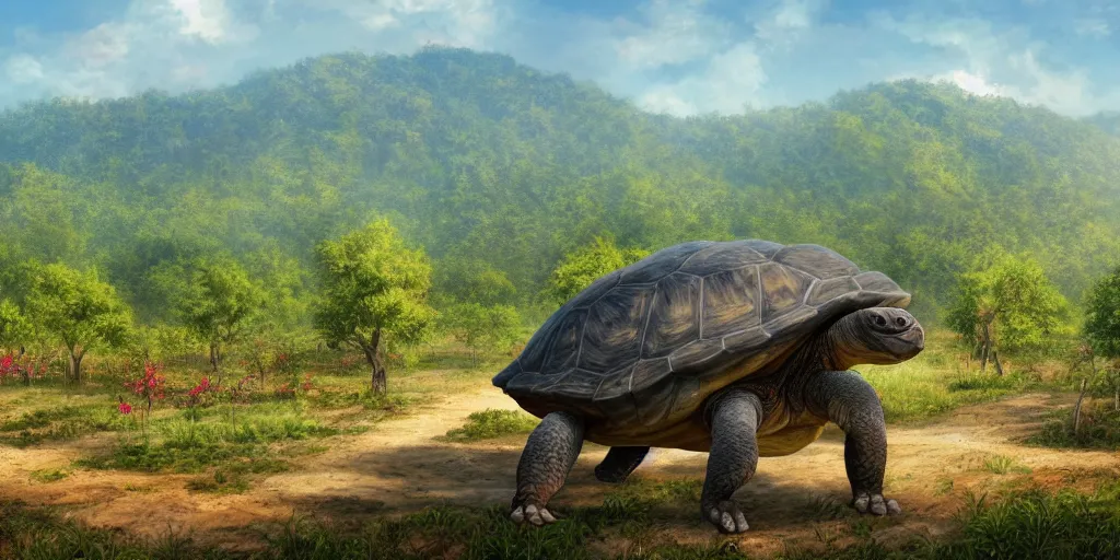 Prompt: a highly detailed matte painting of a giant tortoise with a parrotlike head and beak, background peach orchard in the mountains, hd, concept art, artstation, deviantart