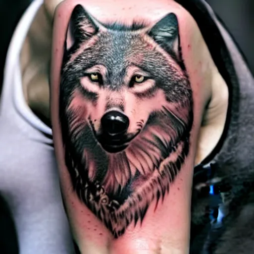 Image similar to a tattoo design of a beautiful girl under a wolf head, in the style of den yakovlev, hyper - realistic, amazing detail