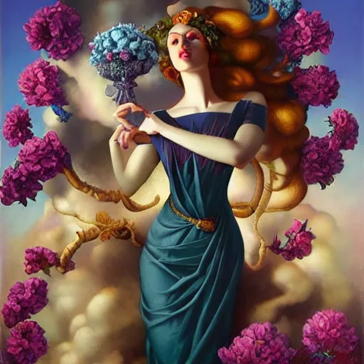 Image similar to dynamic composition, facing forward, blonde woman with hair of spring flowers wearing ornate earrings, ornate gilded details, pastel colors, a surrealist painting by tom bagshaw and jacek yerga and tamara de lempicka and jesse king, wiccan, pre - raphaelite, featured on cgsociety, pop surrealism, surrealist, dramatic lighting