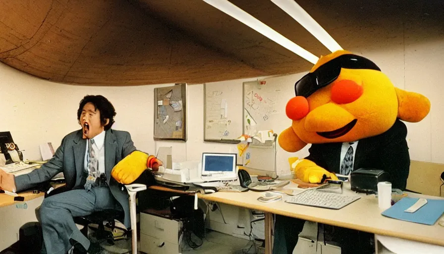 Image similar to 1990s candid 35mm photo of a beautiful day at the happy business office, cinematic lighting, cinematic look, golden hour, a man is working at his cubicle when his very large costumed Japanese mascot boss yells at him, large angry mascot face screaming at working man, man is dreaming of escaping through a tunnel in the floor, the tunnel has cinematic light beams shining out of it, UHD