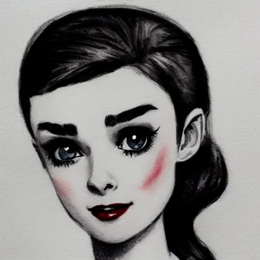 Image similar to an adorable vampire fairy inspired by audrey hepburn and kristen ritter, 8 k resolution whimsical watercolor pencil drawing, deviantart artstation