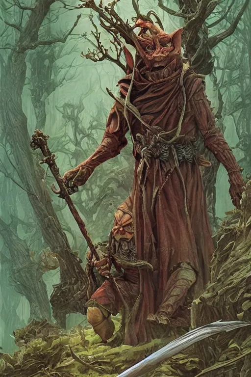 Prompt: detailed sharp focus, detailed low goblin figure in the robe with a hood, with a walking cane, background is goblincore forest, mist, frogs, artwork by Victor Adame Minguez + Yuumei + Tom Lovell + Sandro Botticelli,