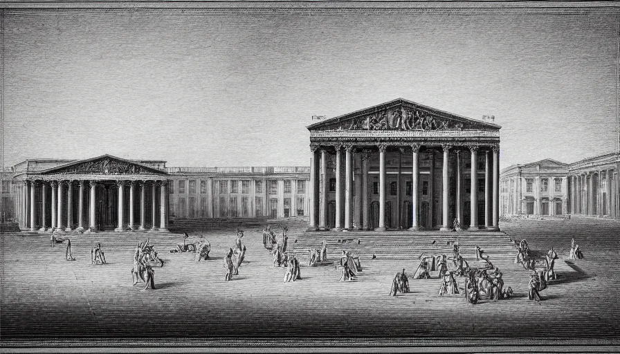 Prompt: a huge square with ellipsoidale neoclassical building, by piranesi, leica sl 2 5 0 mm, heavy grain, high quality, high detailed