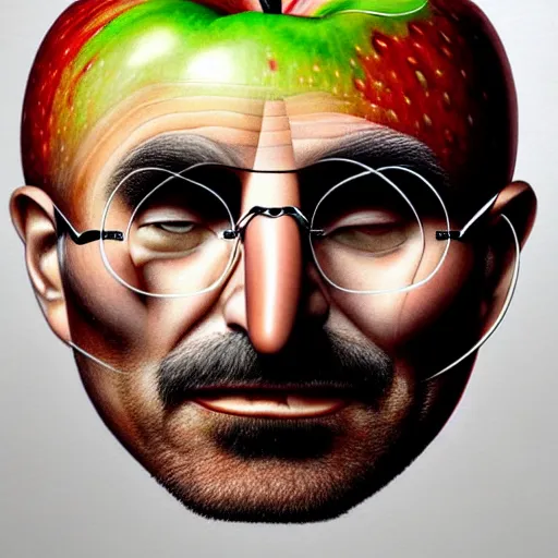 Image similar to apples arranged in the shape of a face resembling steve jobs, fantasy, intricate, elegant, highly detailed, lifelike, photorealistic, digital painting, artstation, illustration, smooth, sharp focus, art by giuseppe arcimboldo