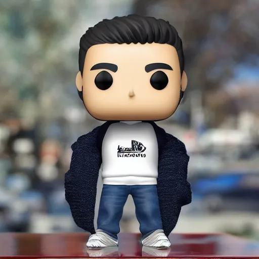 Prompt: a 21 year old skinny white guy with no beard and black hair on top, short on sides, in a navy blue sweater, jeans and grey new balance shoes funko pop close up highly detailed photo