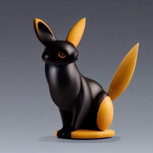 Image similar to a zoomed out studio product shot of a rounded carved smooth cherry wood and resin pokemon umbreon in profile, like a catalog photograph, where distinct sections of the carving are blue resin, but is mostly wood, with a smooth featureless minimalist short wooden nose with no nostrils, and a round minimalist behind