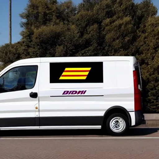 Image similar to A white commercial van designed and produced by Ferrari, with DHL livery promotional photo