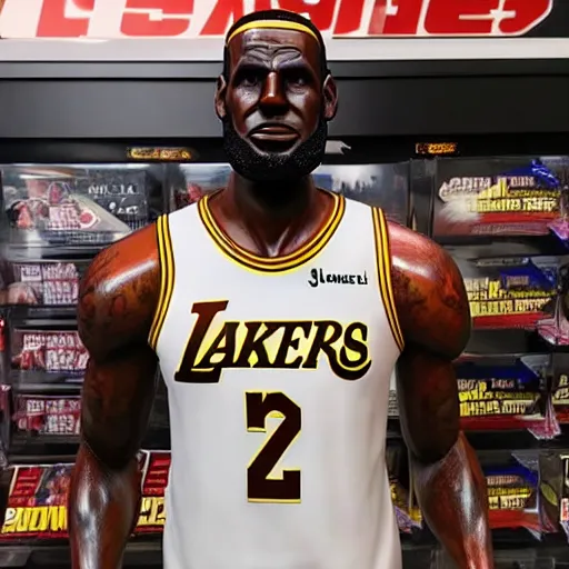 Prompt: lebron james promotional statue inside a gamestop