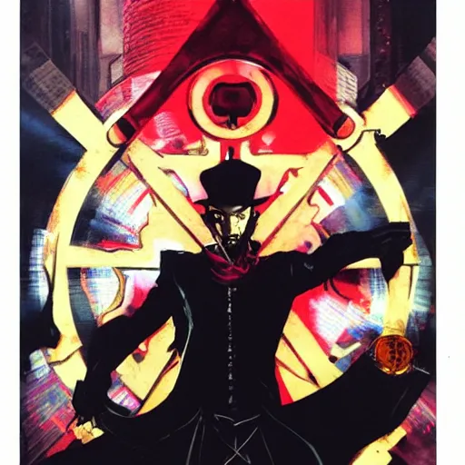 Image similar to portrait of the hacker magician in a dramatic jojo pose tarot card, oil on canvas by yoji shinkawa and esao andrews and raoul ruiz