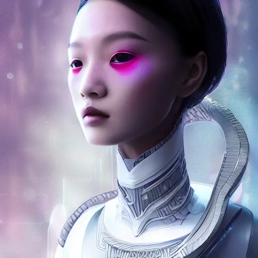 Prompt: portrait of an alien princess, style of Feng Zhu, Artstation geometric, aesthetic, smooth skin, unique features, symmetrical, intricate crown, high fashion, streetwear, cyberpunk, detailed, octane render, cinematic, 8k,