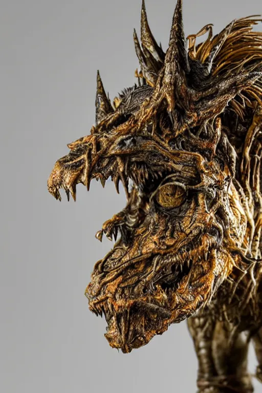 Prompt: photo taken of an epic intricate, ultra detailed, super realistic gritty, lifelike sculpture of a nightmarish creature created by weta workshop, zoomed in shots, photorealistic, sharp focus, white wall coloured workshop, cold, f 0. 4, face centred, golden ratio, golden hour