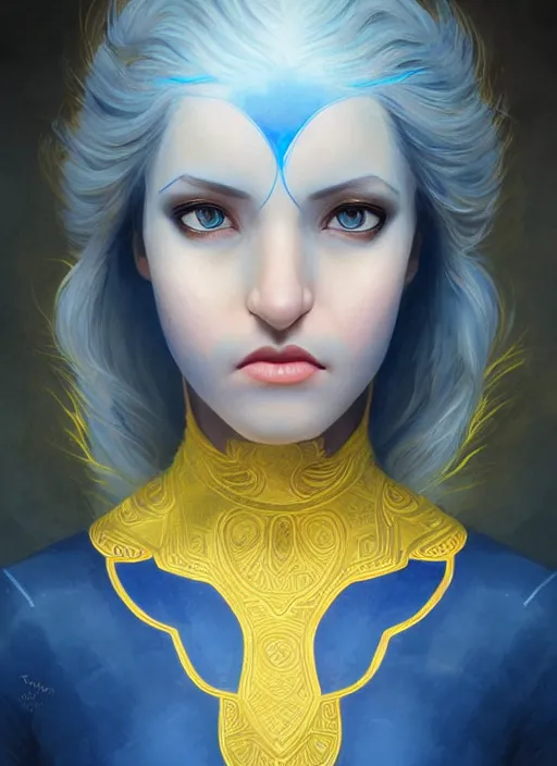 Prompt: beautiful young blue skinned elven woman face, symmetrical, wavy hair, glowing yellow eyes, wearing a blue qipao dress, portrait, by artgerm, by greg rutkowski, by noah bradley, digital avedon