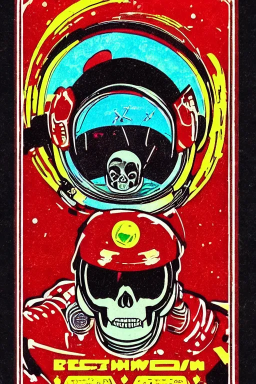 Prompt: soviet playing card, astronaut with neon glowing skull 1 9 6 0 s color _ bleed _ video compression video glitch vhs footage akira kurosawa mamoru oshii wes anderson