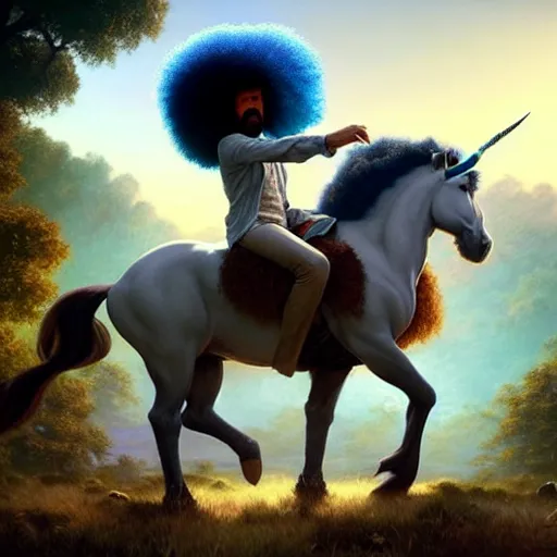 Prompt: bob ross!!! riding!!! a unicorn!!, giant afro!, model pose, ultra realistic, concept art, intricate details, highly detailed, photorealistic, octane render, 8 k, unreal engine. art by artgerm and greg rutkowski and alphonse mucha