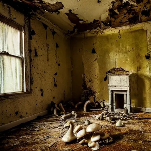 Image similar to a room in a creepy, dilapidated house filled with mushrooms and the decaying bodies of ancient warriors