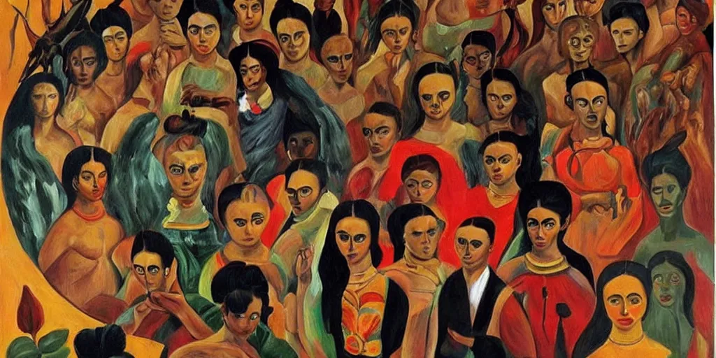 Image similar to The devil runs a group of people's lives in a big circle, Frida painting style.