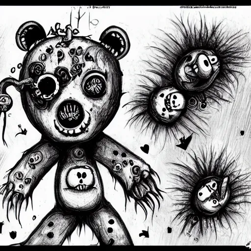 Prompt: dark art cartoon grunge drawing of a teddy bear playing with toys with bloody eyes by tim burton - loony toons style, horror theme, detailed, elegant, intricate, trending on art station