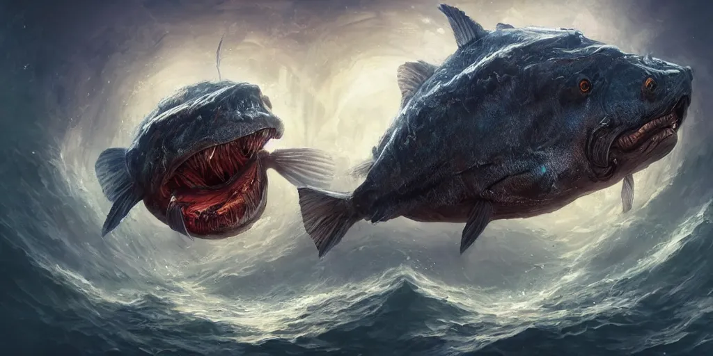 Image similar to giant colossal anglerfish from the depths, concept art, digital illustration, trending on artstation, deviantart, artgerm, epic composition, masterpiece, highly detailed, advanced technique, ambient lighting, wlop, ross draws