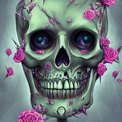 Image similar to digital art painting pastel goth aesthetic, creepy kawaii skull, highly detailed, highly intricate, artstation