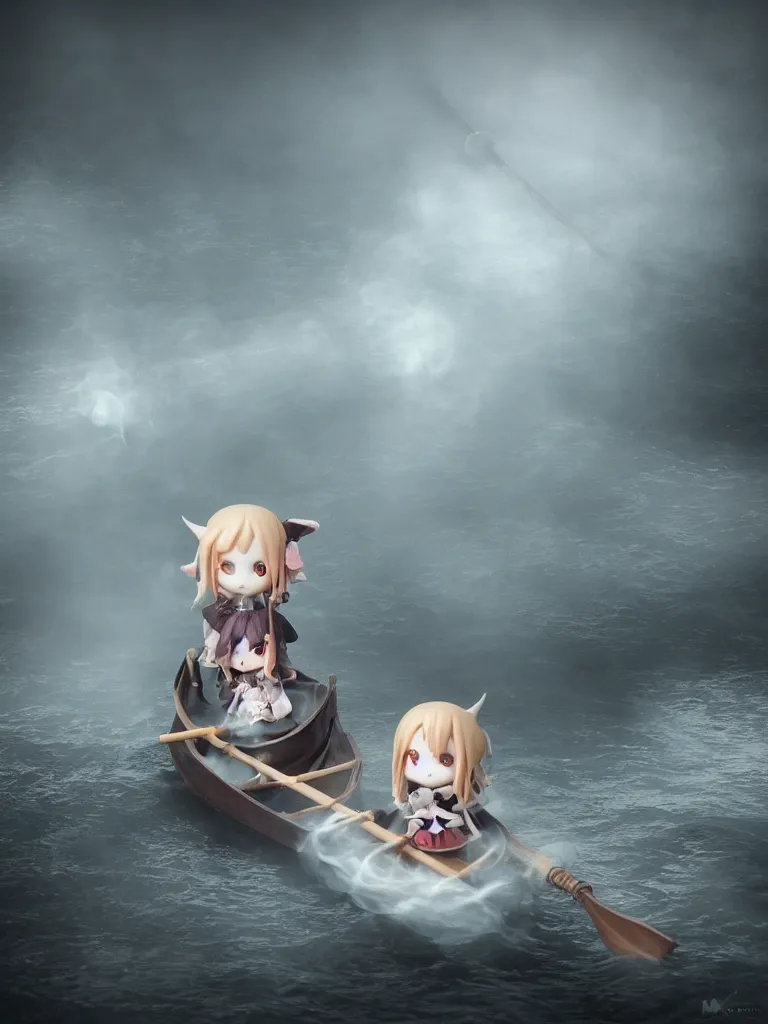 Image similar to cute fumo plush girl witch rowing a small boat through murky river water, river styx, otherworldly chibi gothic horror wraith maiden, lost in the void, hazy heavy swirling murky volumetric fog and smoke, moonglow, lens flare, rule of thirds vray