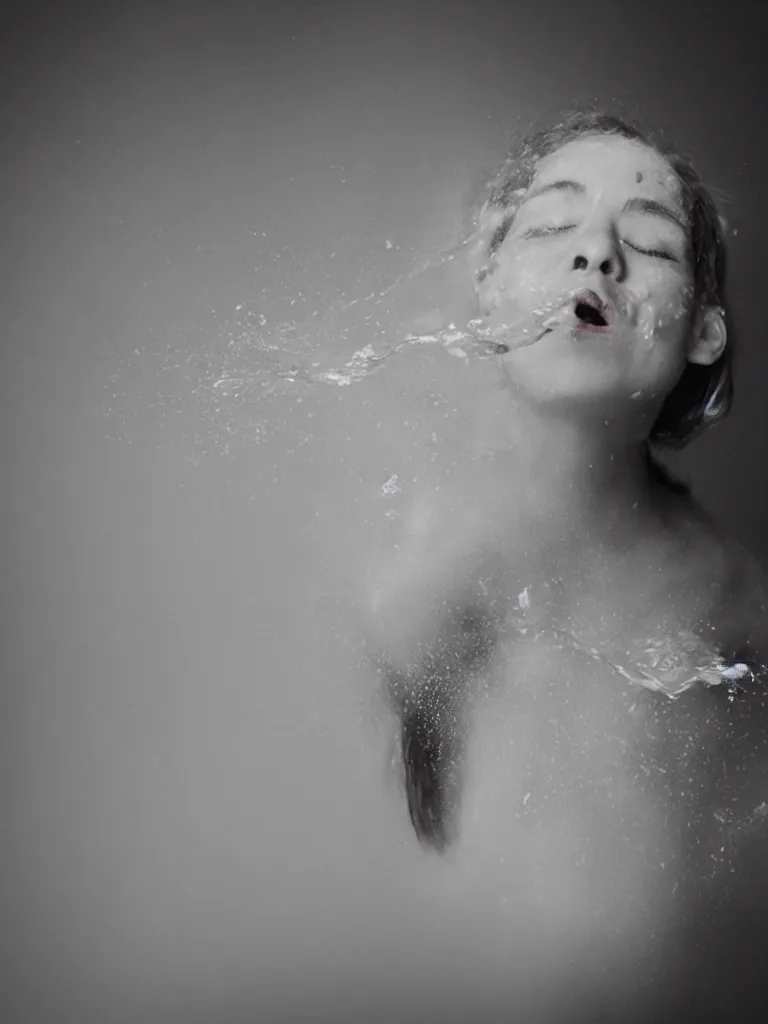 Prompt: analog photographic portrait with 5 0 mm lens and f / 1 2. 0 of a 4 0 years old woman woman with her eyes closed and spurting from her mouth a white viscous fluid floating in the air. with a slight variation of light in the liquid and gesture.