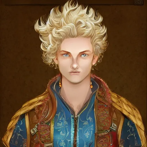 Image similar to portrait, 27 years old man, blue eyes, blond curls, charming, handsome :: rich expensive medieval clothes :: high detail, digital art, fantasy, RPG, concept art, illustration