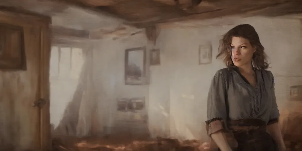 Prompt: oil painting of Mila Jovovich in the old west inside a cabin on the prairie, volumetric lighting, cinematic