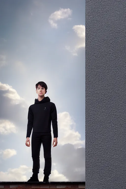 Image similar to un ultra high definition studio quality photographic art portrait of a young man standing on the rooftop of a british apartment building wearing soft padded silver pearlescent clothing. three point light. extremely detailed. golden ratio, ray tracing, volumetric light, shallow depth of field. set dressed.