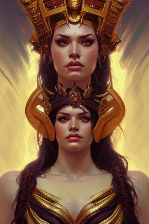 Image similar to The angry Godess Hera, portrait, highly detailed, digital painting, artstation, concept art, smooth, detailed armor, sharp focus, beautiful face, symmetric face, cinematic, videogame cover art, illustration, fantasy, art by Artgerm and Greg Rutkowski and Alphonse Mucha