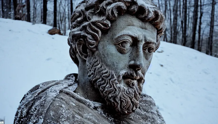 Image similar to 1 9 6 0 s movie still close up of marcus aurelius in toga frozen to death under the snow by the side of a river with gravel, pine forests, cinestill 8 0 0 t 3 5 mm, high quality, heavy grain, high detail, texture, dramatic light, anamorphic, hyperrealistic, detailed hair, foggy