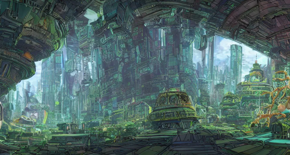 Image similar to the cyber temple in the robo-jungles, wide-angle shot, angled view, fisheye lens, , animation background painting from Thundercats (1985) and Masters of the Universe (1983), up-angle view, macabre, burtonesque, two point perspective, clean scan, artstation trending, studio ghibli, animatrix, 8k