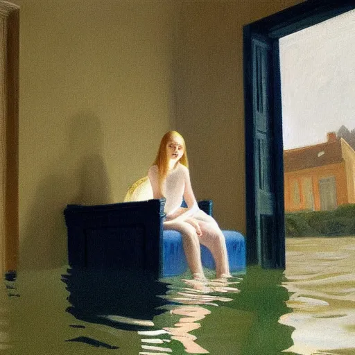 Prompt: painting of Elle Fanning in a flooded house, by Edward Hopper