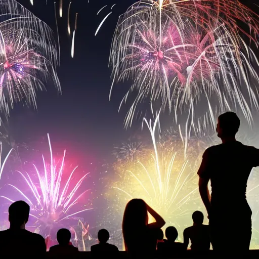 Image similar to 8 k hd detailed octane render of people watching a fireworks show at night