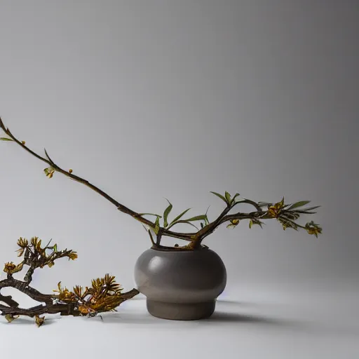 Image similar to a photo of 8k Ikebana, ikenobo, ohararyu, sougetsu, wide angle, sony a7r3, ultra detail, photorealistic, in simple background