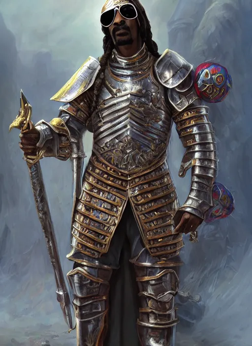 Image similar to snoop dogg as a paladin, short beard, grumpy, plate armor, Ivan Aivakovsky, Boris Vallejo, epic fantasy character art, D&D Concept Art, full length, Realistic, Regal, Refined, Detailed Digital Art, Oil Paining, Exquisite detail, post-processing, masterpiece, Cinematic Lighting, Unreal Engine, 8k, HD,