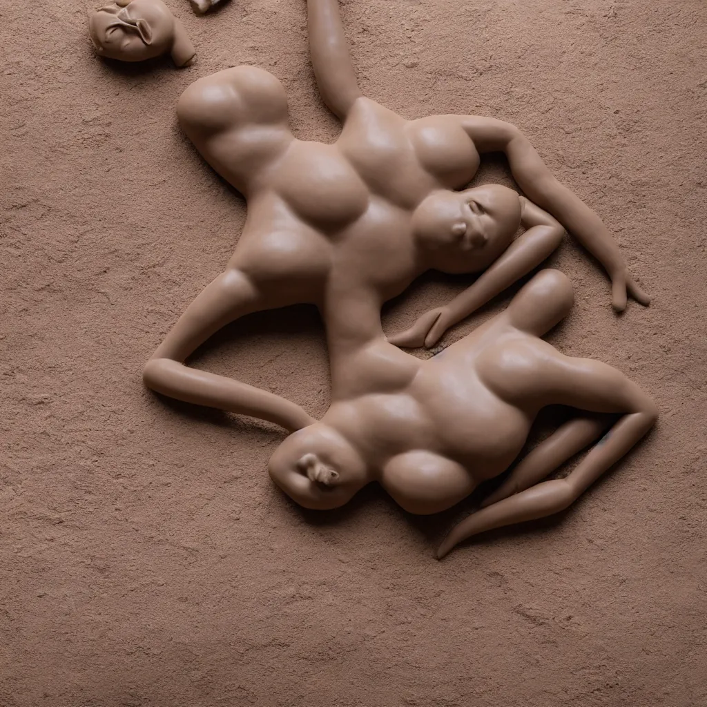 Image similar to woman made of clay on a bed