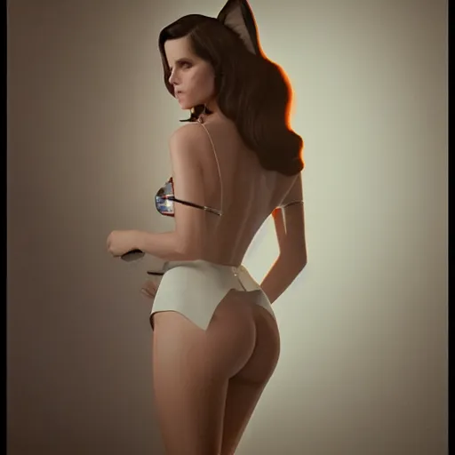 Image similar to detailed photo of lana del rey wearing a playboy bunny outfit, 8 k, by greg rutkowski, artgerm, global illumination