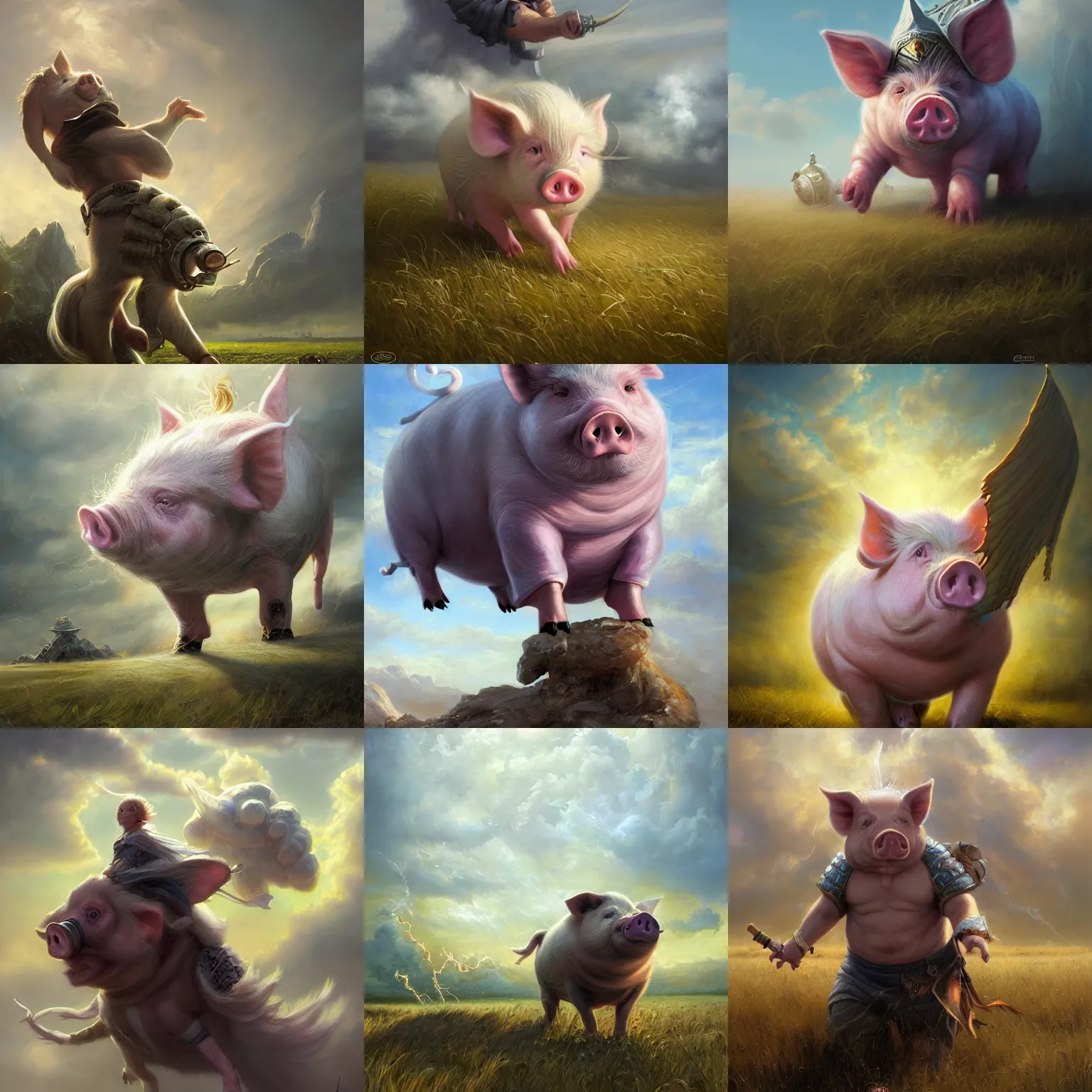 Prompt: Cloud Champion Pig Wizard roaming the windswept field dave dorman edson campos christopher young jeff simpson allison carl hiro izawa paul chadeisson, epic fantasy, oil on canvas