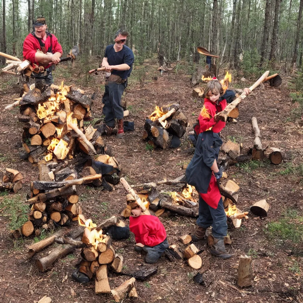 Prompt: disney's goofy cutting and splitting firewood with tomahawk in finnish forest