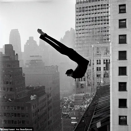 Prompt: A man doing a backflipping between rooftops in new york, Motion Blur, photographed by Henri Cartier-Bresson on a Leica camera