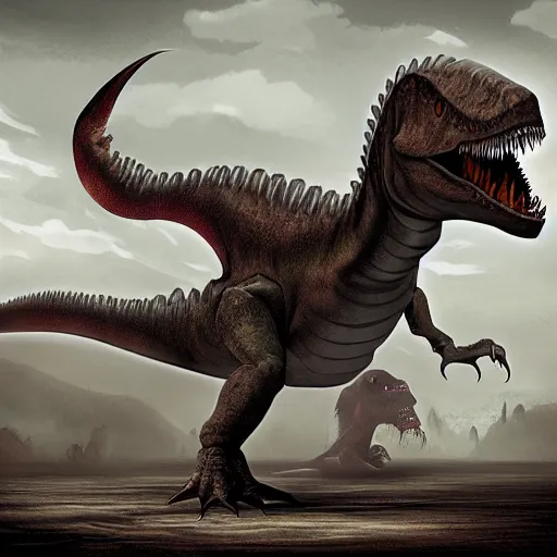 Image similar to transcript monster, 3. 0 m height, normal dinosaur, fantasy art style, scary atmosphere