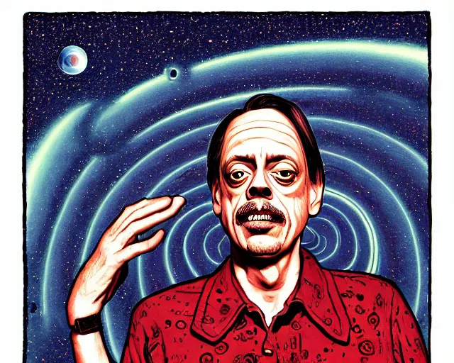 Prompt: steve buscemi floating in a spiral galaxy, cosmic horror painting, elegant intricate digital painting artstation concept art by basil wolverton by robert crumb by william eggleston detailed