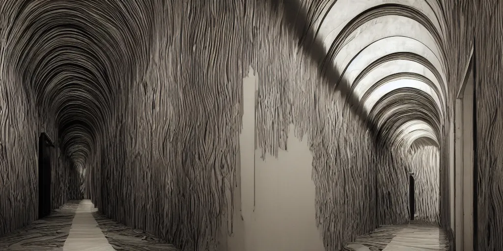 Image similar to a hallways of entropy, ivory and ebony, swirled architecture, the void people
