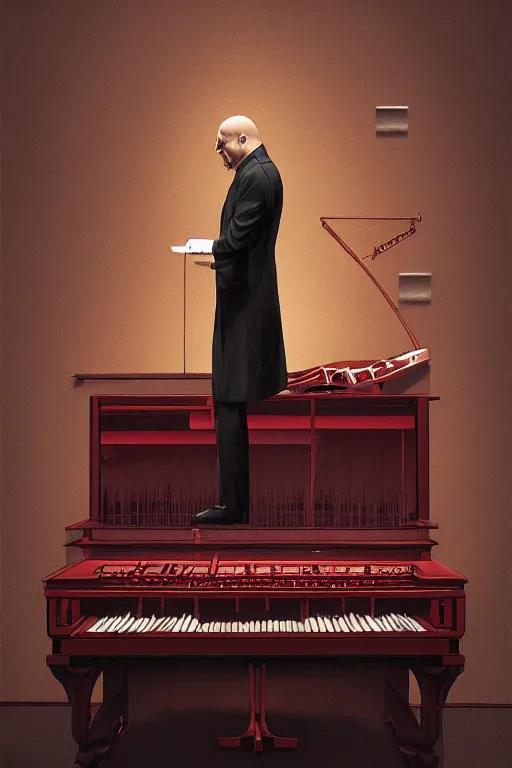 Image similar to an expressive portrait of agent 4 7 playing the piano in a monastery, dark background, red rim light, digital art, artstation, concept art by giger stalenhag