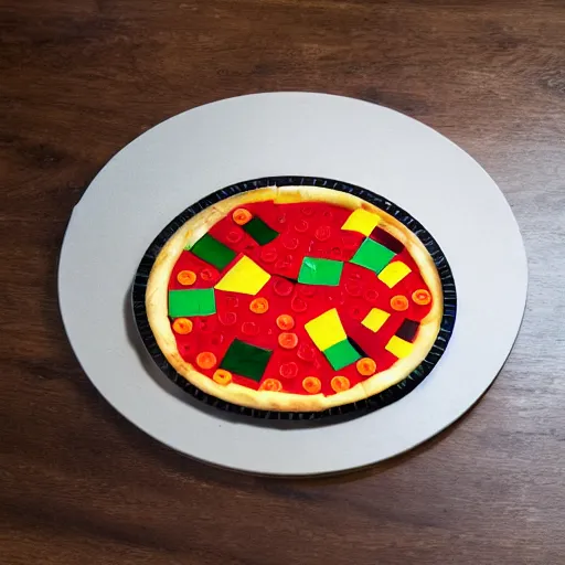 Image similar to a Pizza made out of Lego