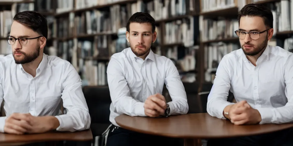 Prompt: realistic detailed face portrait system analyst work, very coherent symmetrical, high contrast, depth of field, insanely detailed, handsome, white, sitting at the table, thoughtful pose, left hand propping up the head, preppy style, smart casual, clean shaved