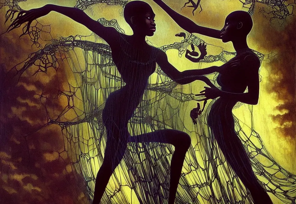 Prompt: realistic detailed portrait movie shot of a single beautiful black woman in a transparent sheer fabric dress dancing with a giant spider, futuristic sci fi landscape background by denis villeneuve, jean delville, yves tanguy, ernst haeckel, alphonse mucha, max ernst, caravaggio, roger dean, sci fi necklace, masterpiece, dreamy, rich moody colours